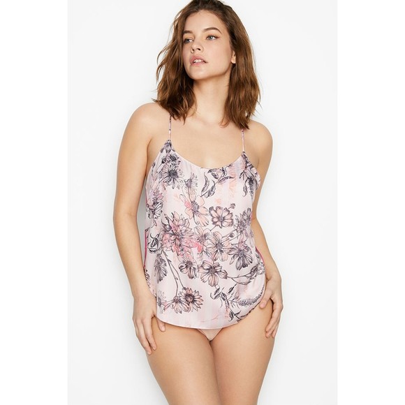 Victoria's Secret XL Satin Racerback Cami Pajama Top Sleepwear Pink Floral Strip - Picture 1 of 8